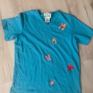 Quacker Factory Turquoise Short Sleeve Tee with Embroidered Butterflies size XS